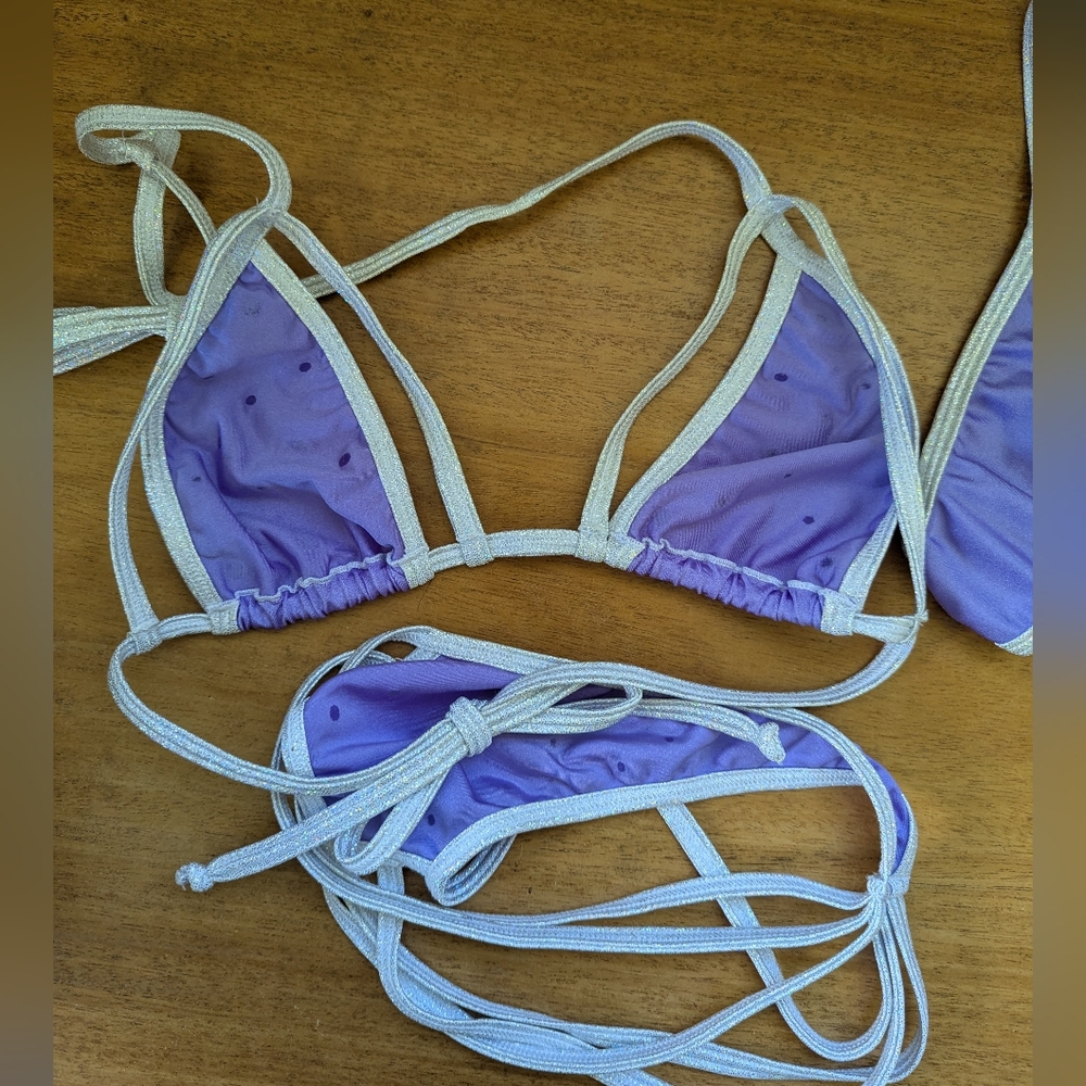 Vintage String Micro Bikini Exotic Dancer Purple Rhinestone‎ Rave V-string - Picture 7 of 14